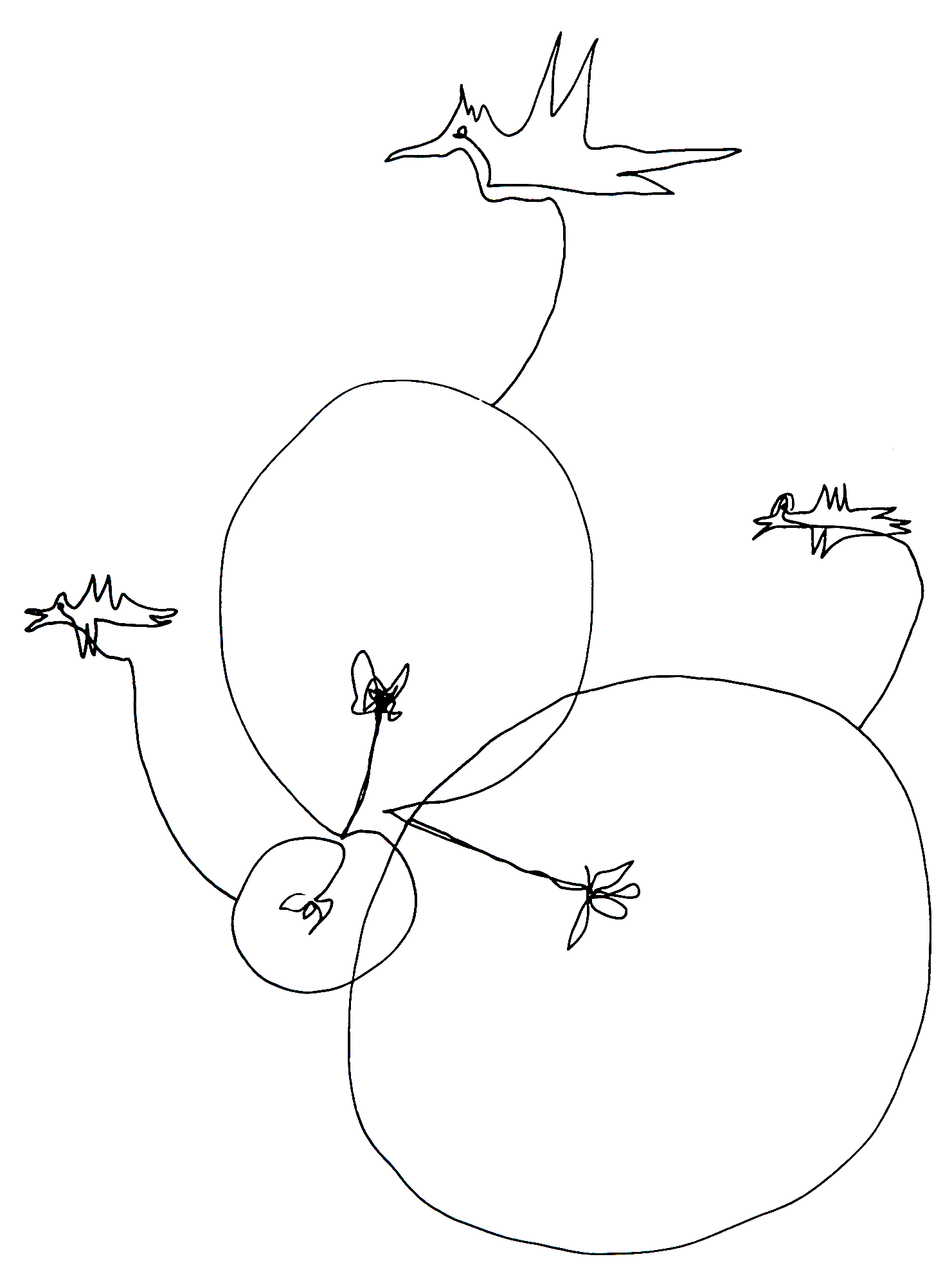 Line drawing of several balloons with string flowers attached.