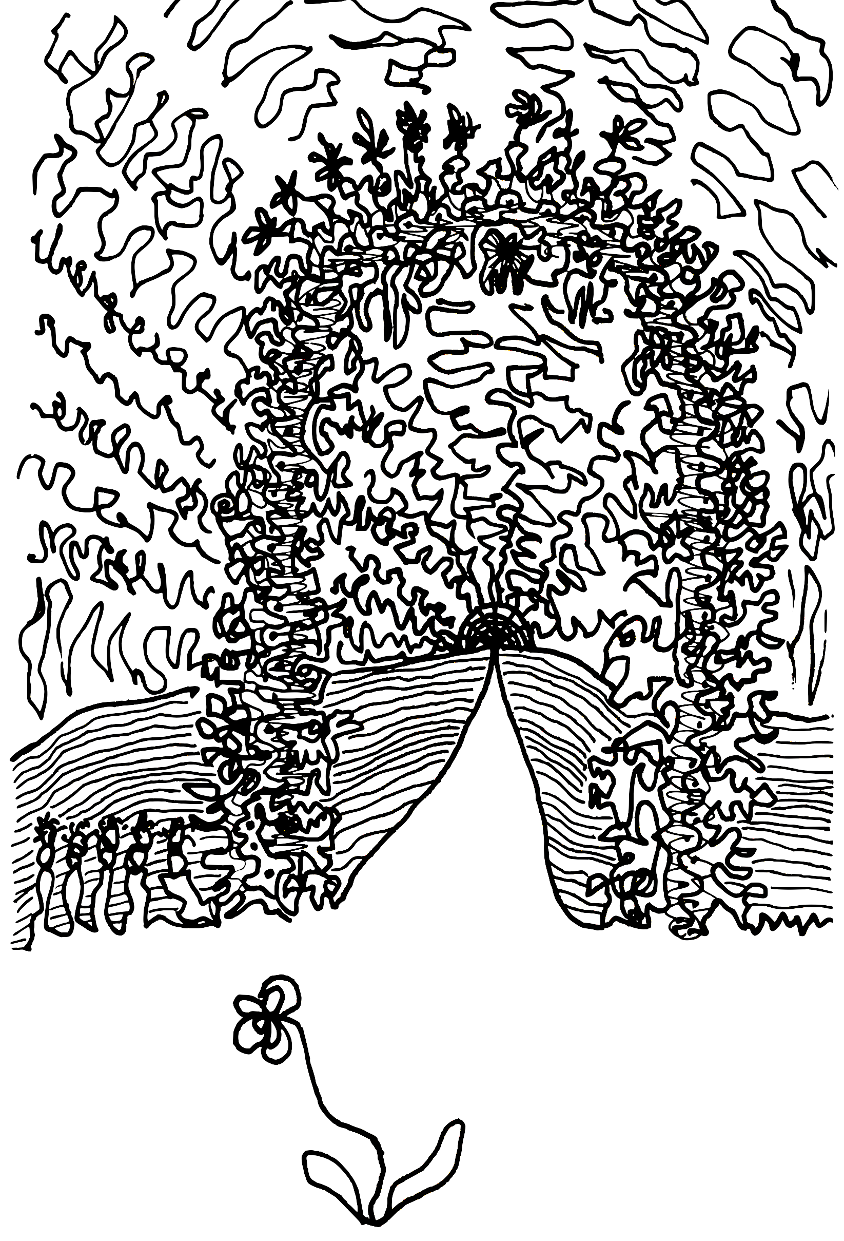 Line drawing of a bouquet of flowers with a large bloom, smaller flowers and leaves, and a wrapped stem.