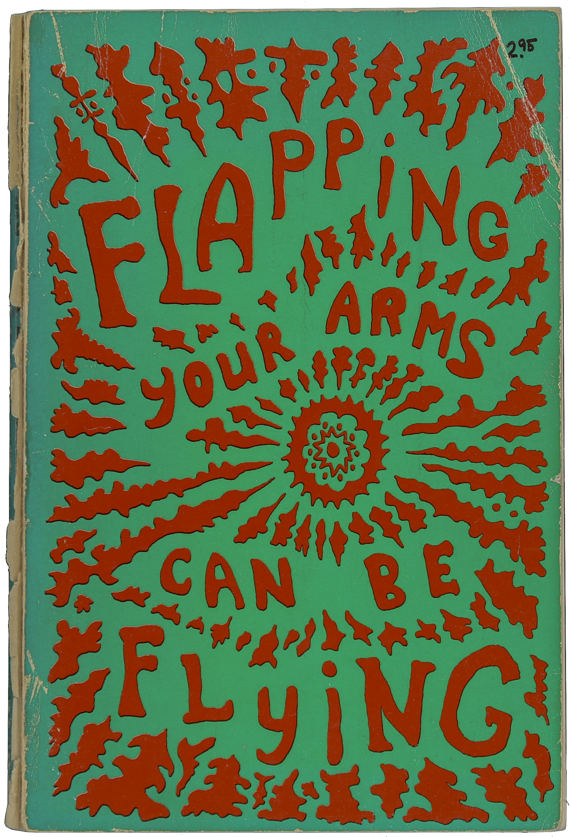 Book cover with a teal background and red text, reading 'Flaunting Your Arms Can Be Flying' surrounded by a decorative radiating sunburst pattern.
