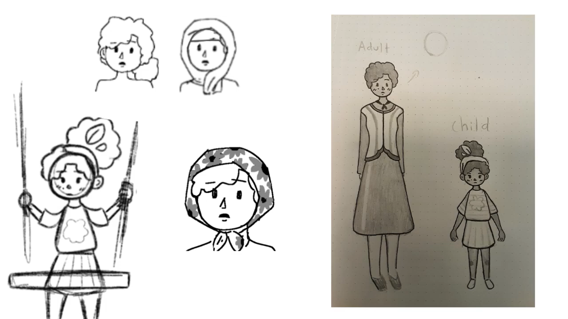 Concept and progress art of the unnamed protagonist