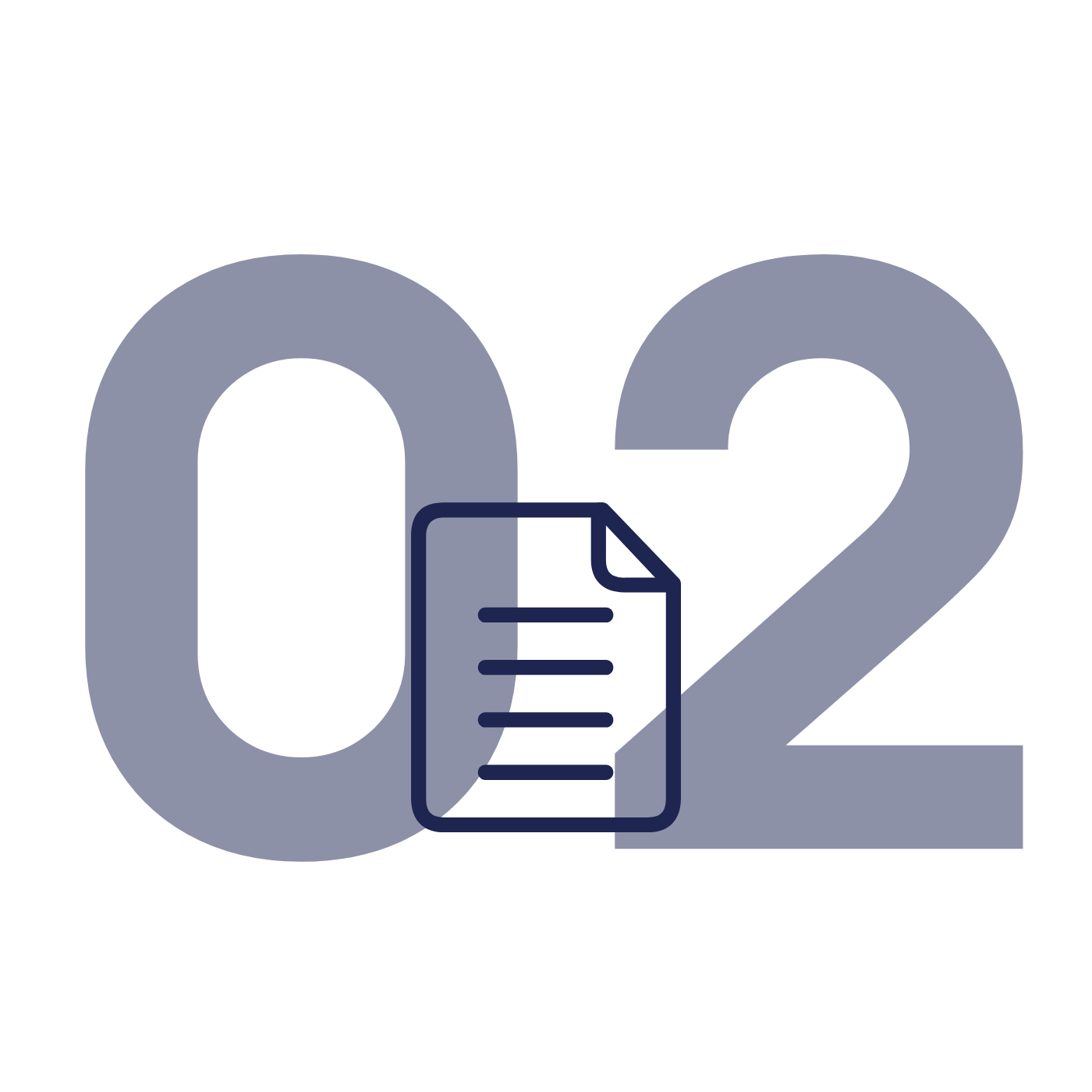 Bold dark blue number 2, with a stylized document icon integrated into the design.