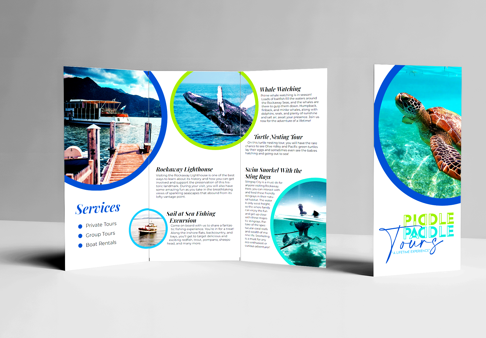 A tri-fold brochure promoting sea-related tours and activities. The front cover features the title 'Paddle Paddle Tours' with a subtitle 'A lifetime experience,' along with images of the ocean, a turtle, and a person snorkeling. Inside, the brochure discusses whale watching, turtle nesting tours, and fishing excursions with accompanying images of whales, sea turtles, and underwater scenes.