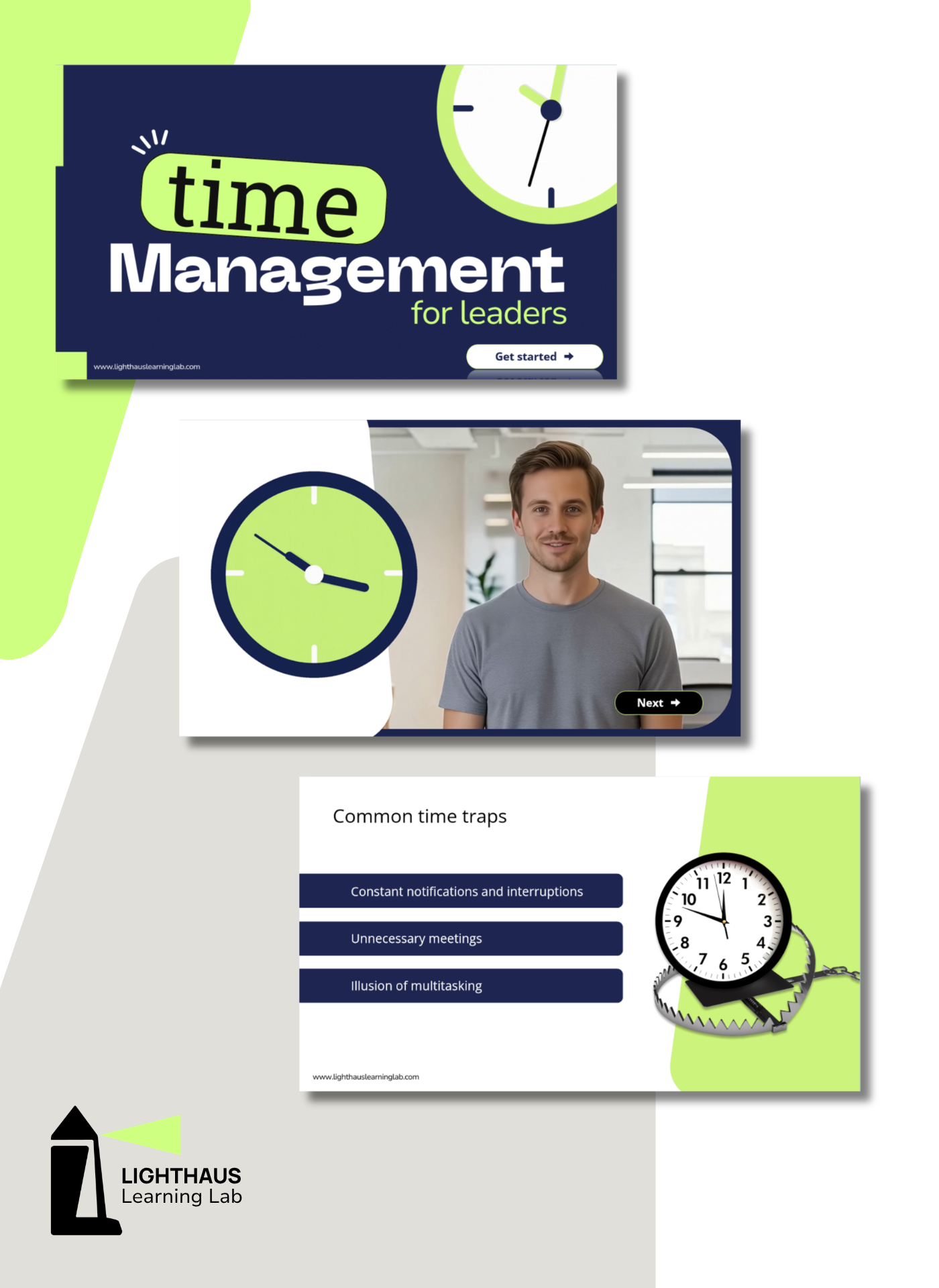 A presentation slide about time management for leaders with graphics of clocks and a smiling man, part of a digital educational course by Lighthouse Learning Lab.