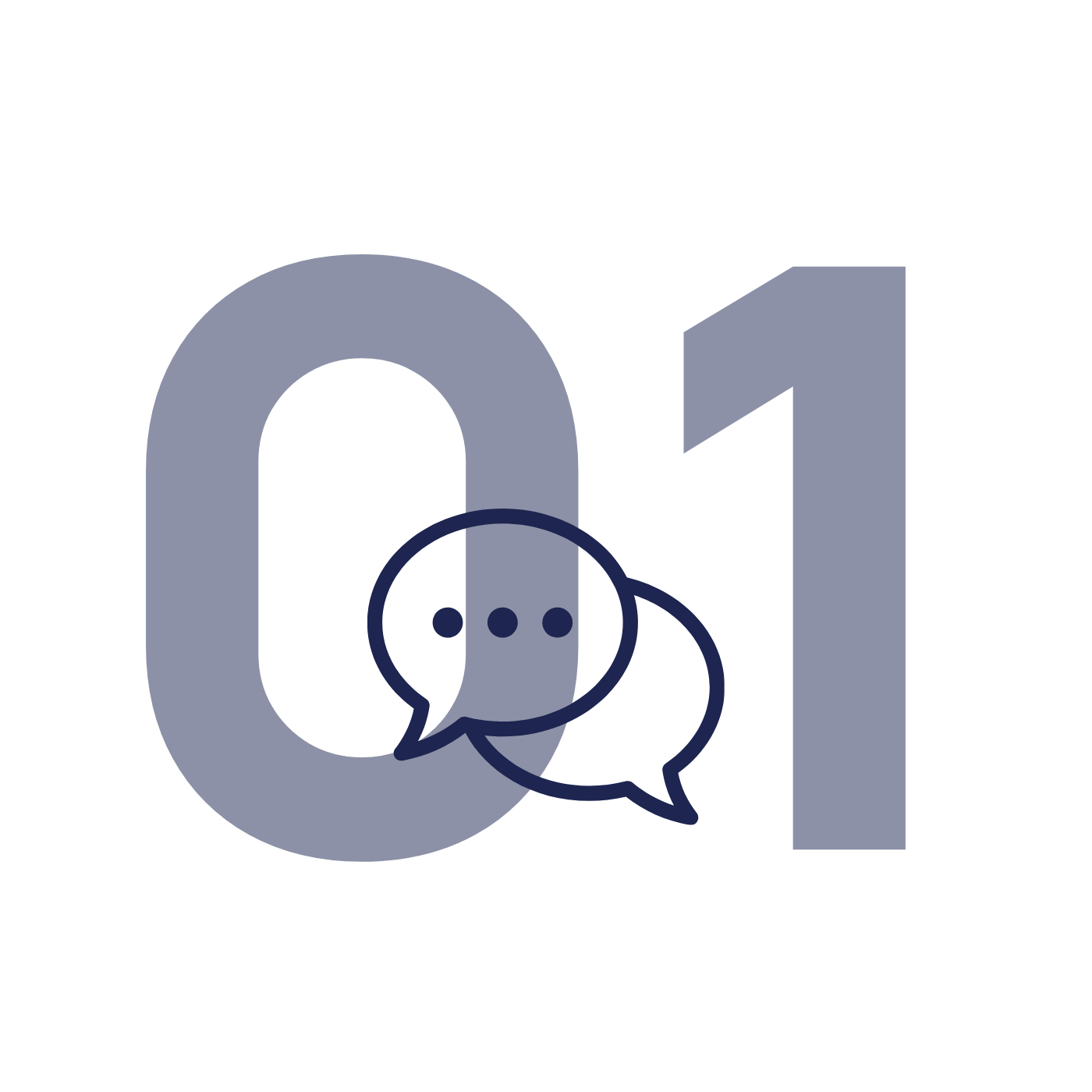 Bold dark blue number 1, with a stylized speech bubble icon integrated into the design.