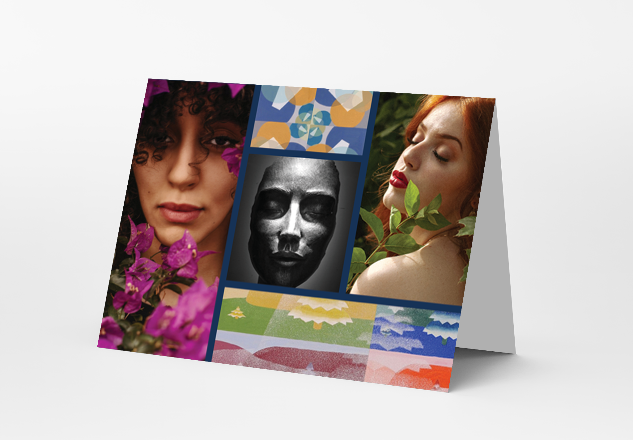 A folded brochure with images of women, abstract art, a skull, and colorful landscape scenes.