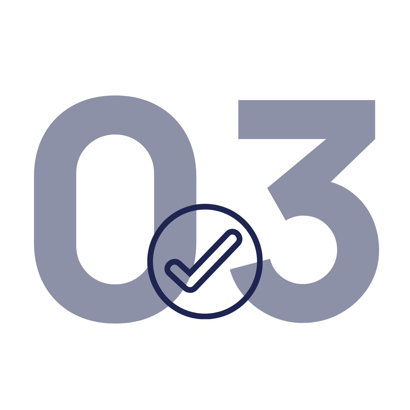 Bold dark blue number 3, with a stylized circle graphic and checkmark icon integrated into the design.