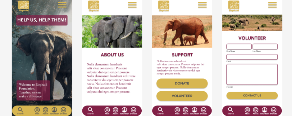 Screenshots of a mobile website for Elephant aid, showing sections labeled Help Us, About Us, Support, and Volunteer, with images of elephants and buttons for donation, volunteering, and contact.