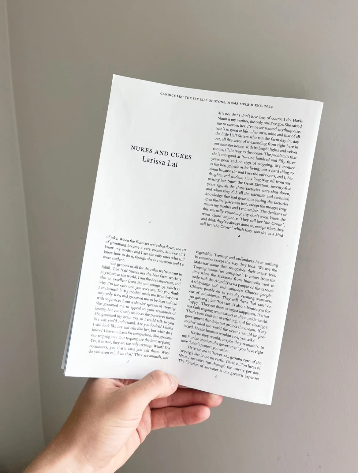 A hand holding a printed paper with text, titled "NUKES AND CUKES" by Larissa Lai, against a plain light-colored wall.