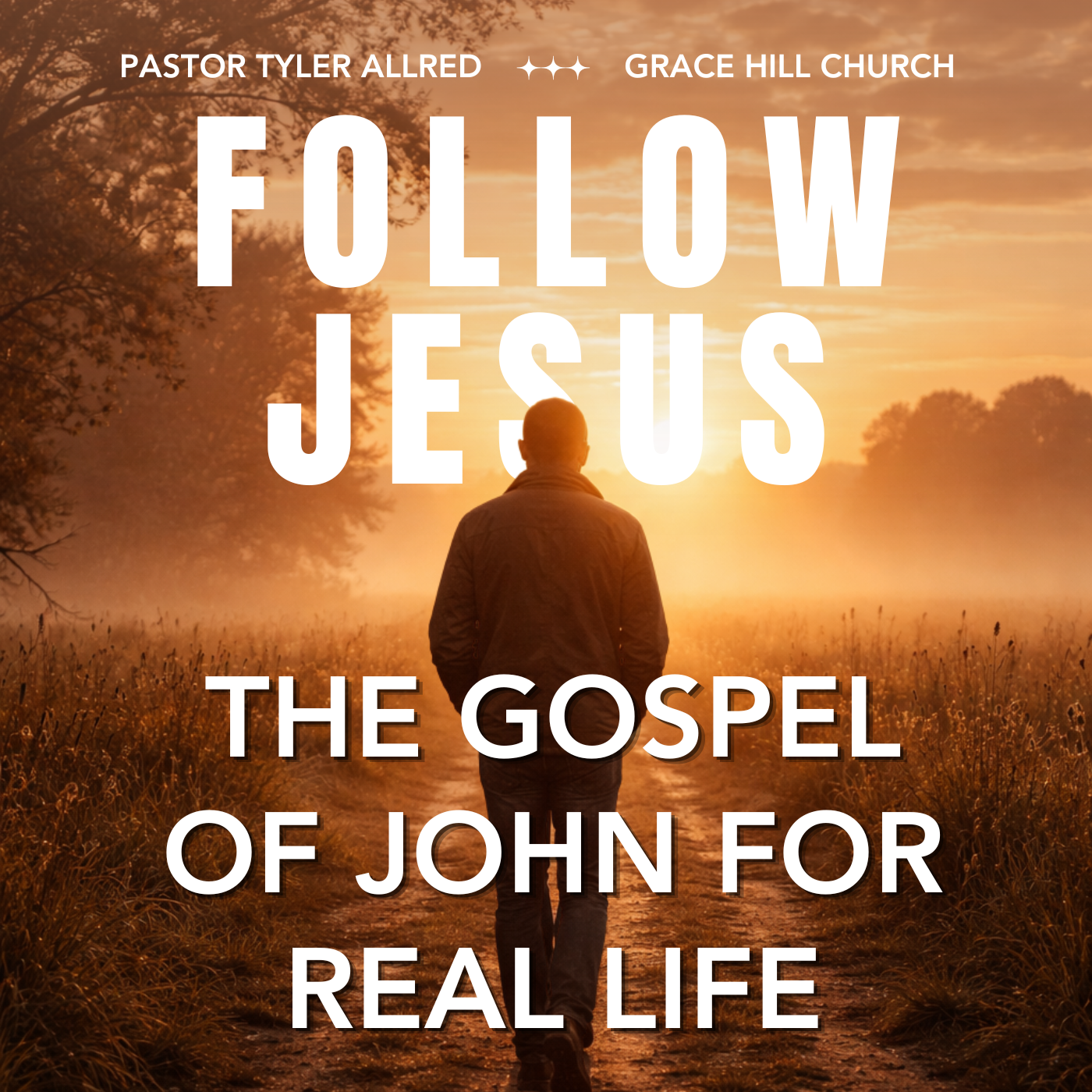 A person walking on a dirt path through a field at sunset with trees on the side. The image has text overlay promoting a church and religious message.