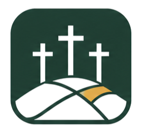 Three crosses on a hill, with a ribbon or cloth flowing in front of them, representing a religious scene.