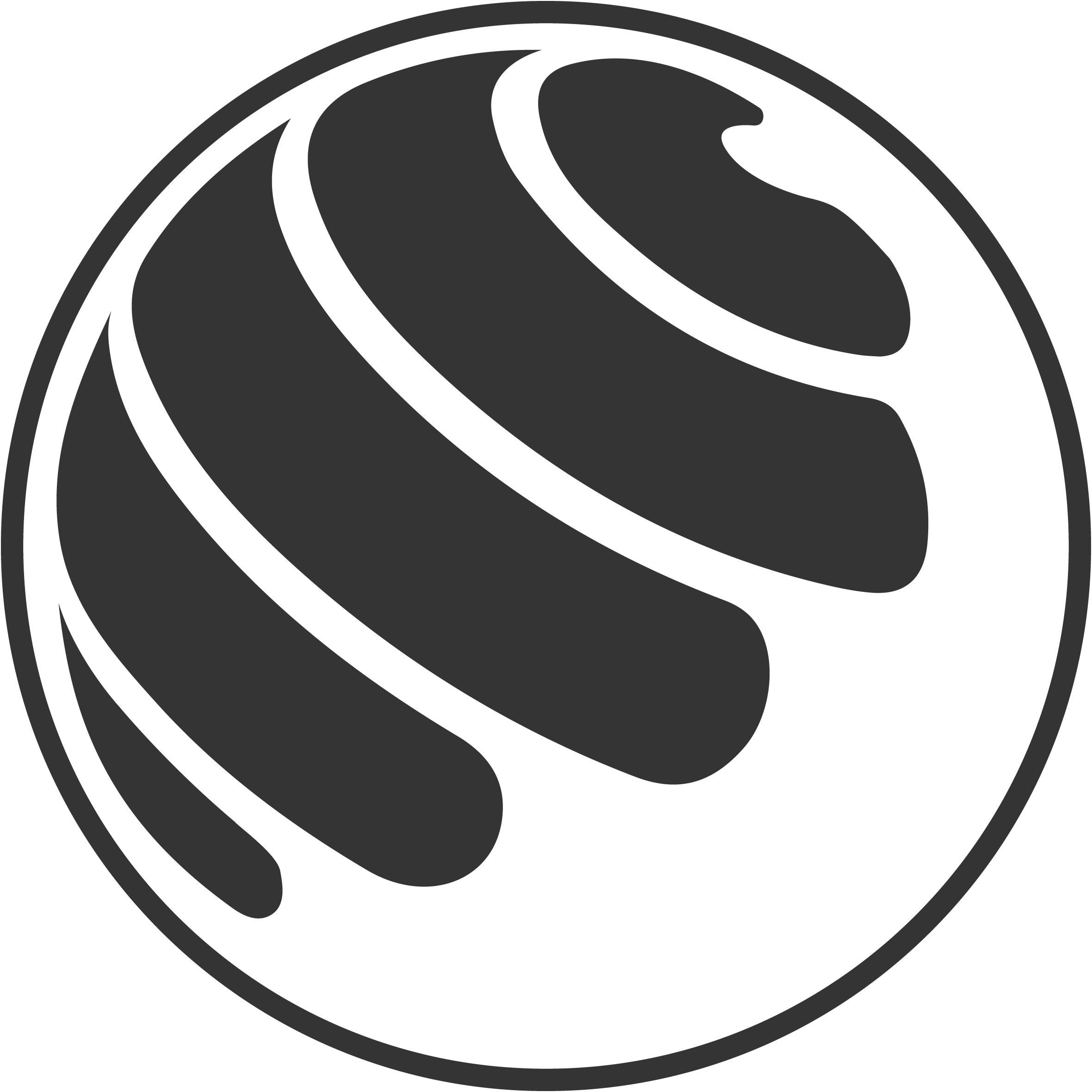 A stylized, black and gray spiral logo with a sleek, modern design.