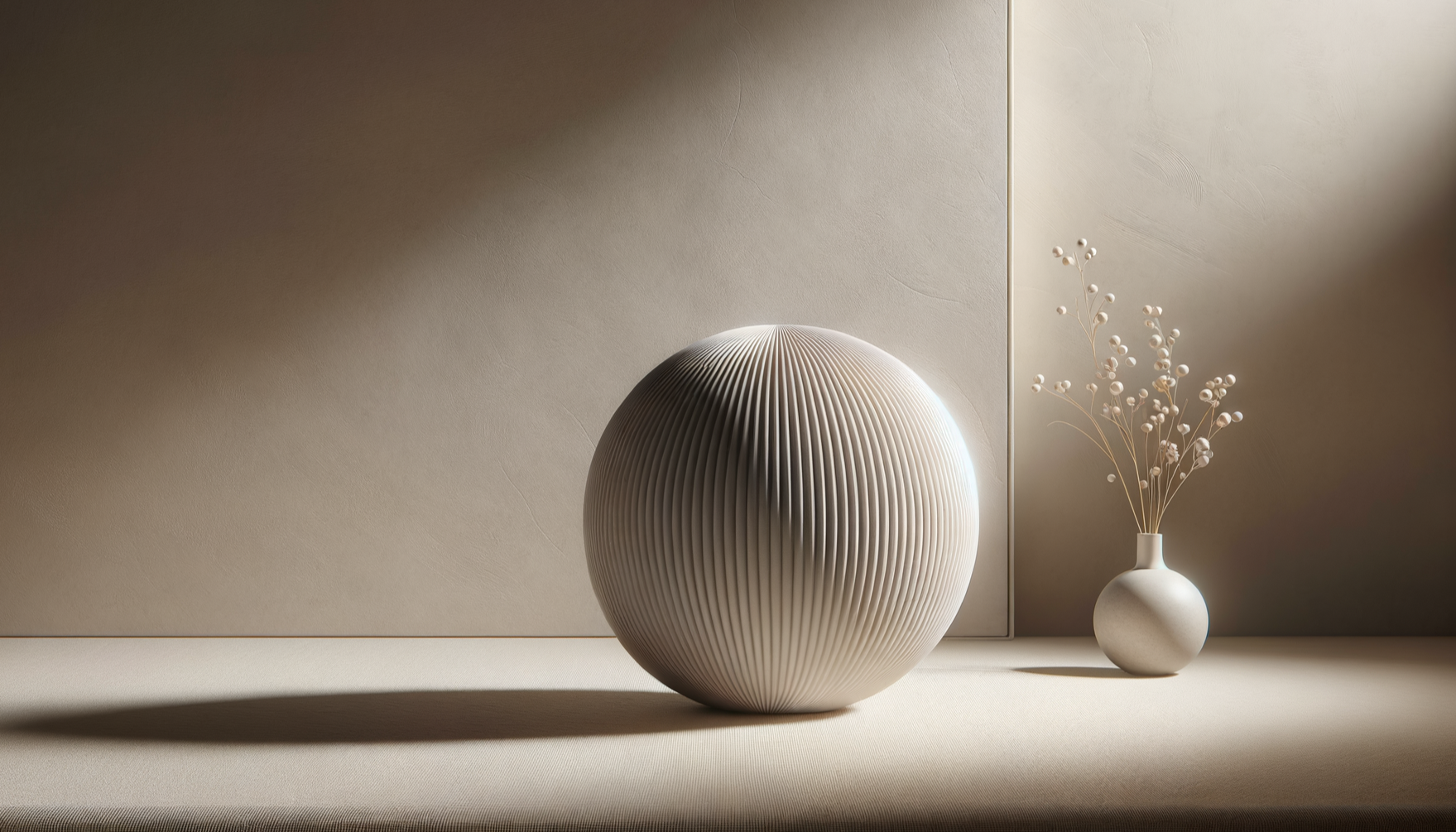 Minimalist beige-toned decor with a large ribbed spherical vase and a smaller round vase with dried flowers on a flat surface.