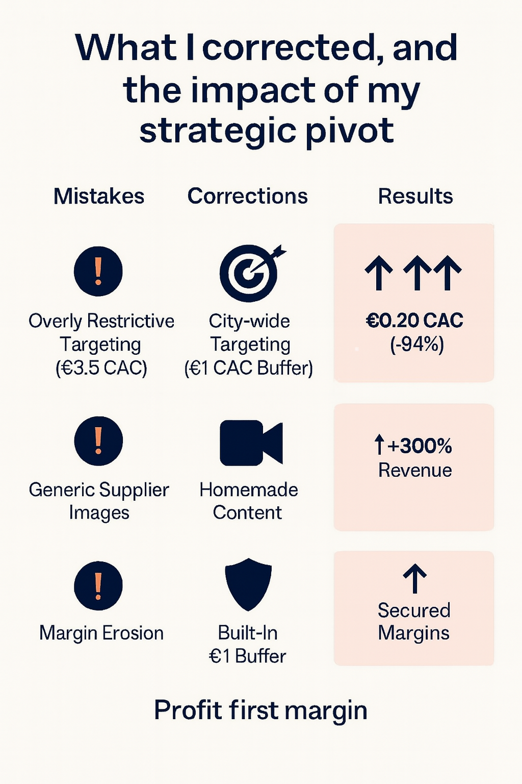 Une infographie présentant une analyse stratégique avec trois sections : erreurs, corrections et résultats. La première section évoque une ciblage trop restrictif, la deuxième une mise en place d'un ciblage à l'échelle de la ville, et la troisième montre une augmentation significative des résultats, notamment une croissance du revenu et une stabilité des marges.