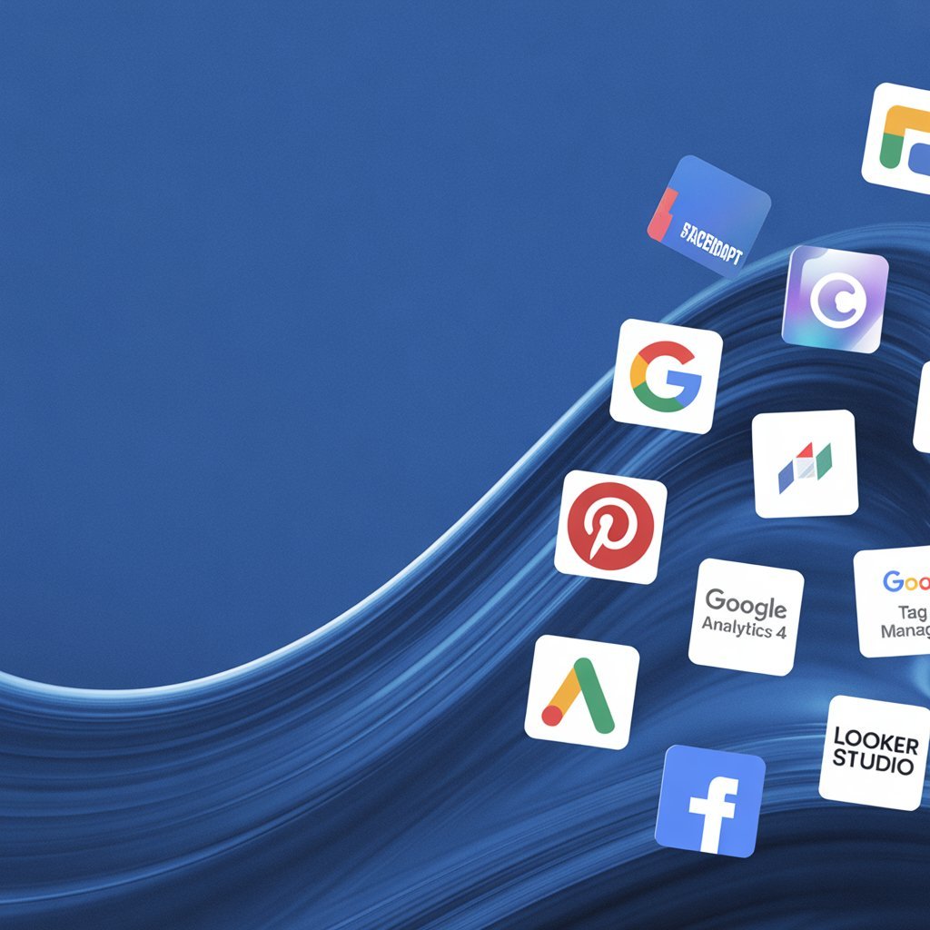 Une image avec plusieurs icônes d'applications et de plateformes numériques flottant sur un fond bleu avec des lignes fluides, comprenant Google, Facebook, Pinterest, Google Analytics, Google Tag Manager, Looker Studio, Google Ads, Face, et d'autres.