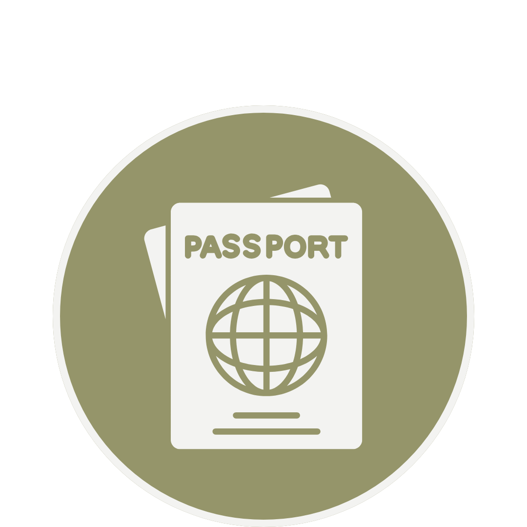Icon of a passport and a globe symbol inside a circular badge.