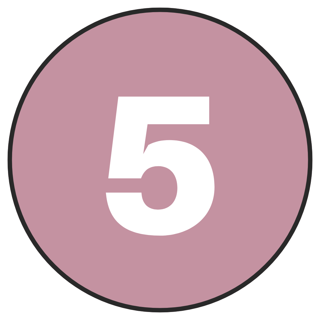 Number 5 in white on a pink circular background with black border.