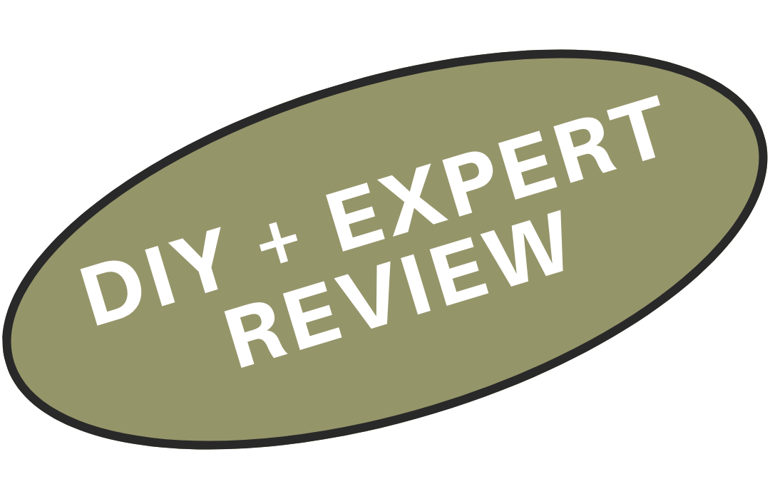 An oval badge with a green background and black outline displaying the words "DIY + EXPERT REVIEW" in white, bold text.