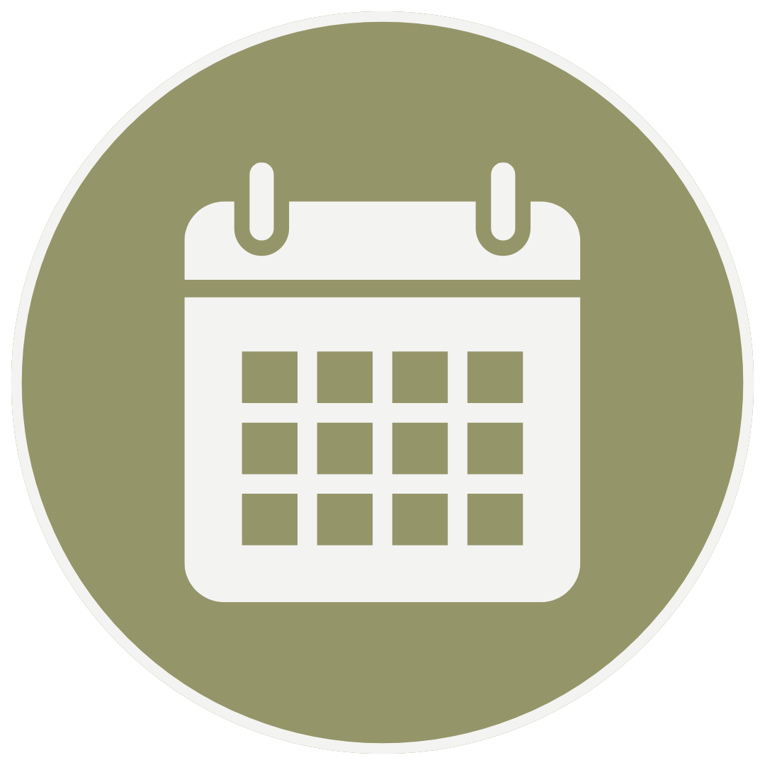 Calendar icon with a green background, white outline of a calendar with squares representing days.