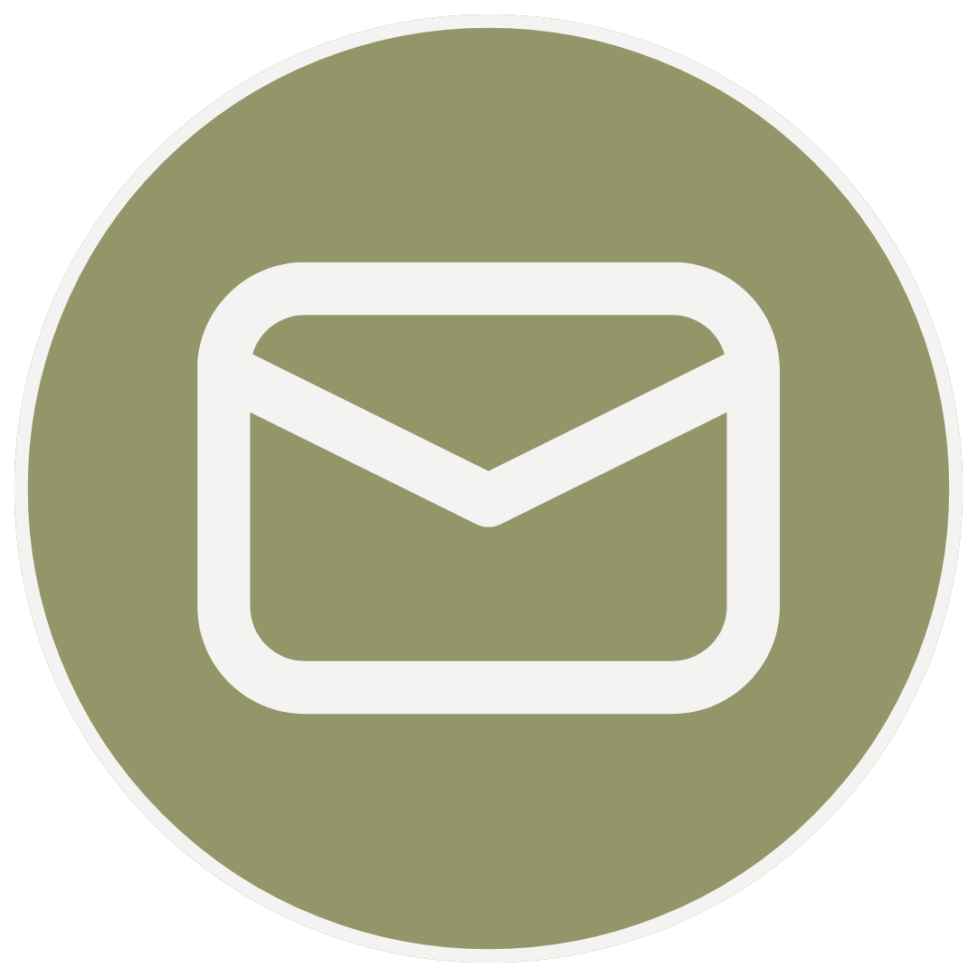 Icon of an envelope/mail symbol in white on an olive green circular background.