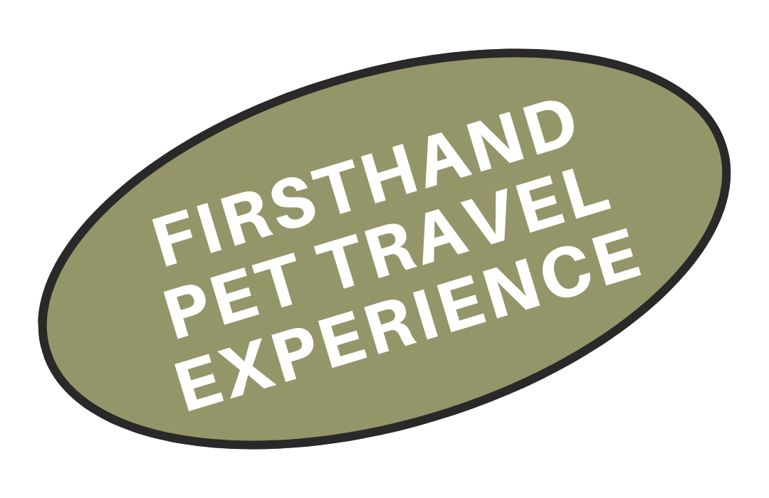 Green oval sign with white text that says "Firsthand Pet Travel Experience".