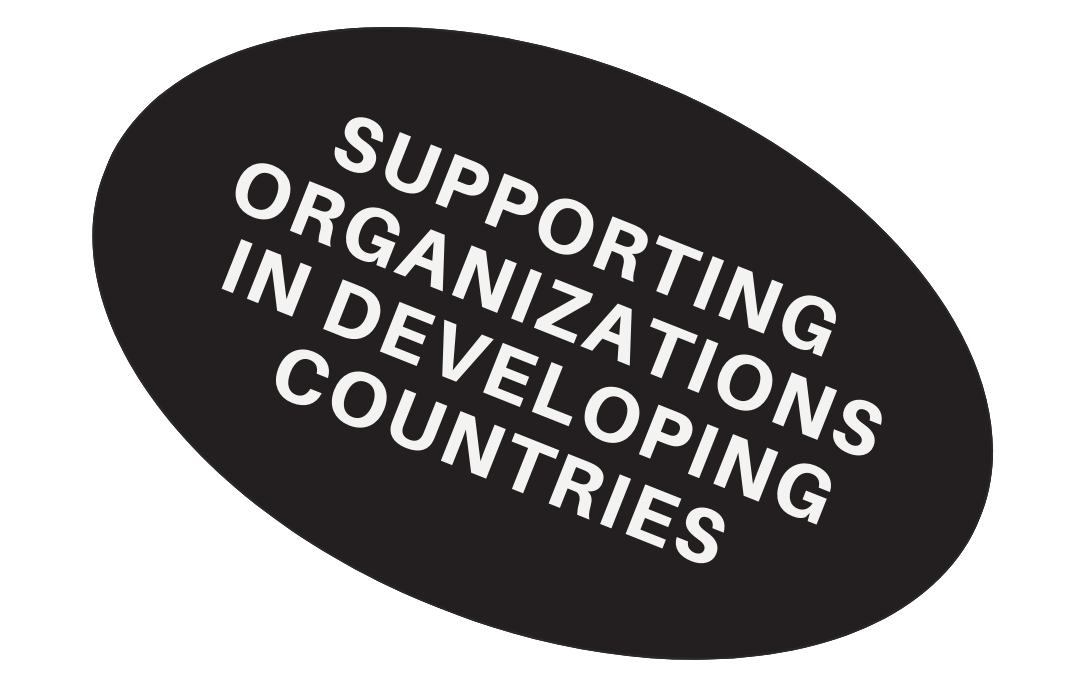 Oval-shaped badge with white text on a black background reading 'Supporting organizations in developing countries'.