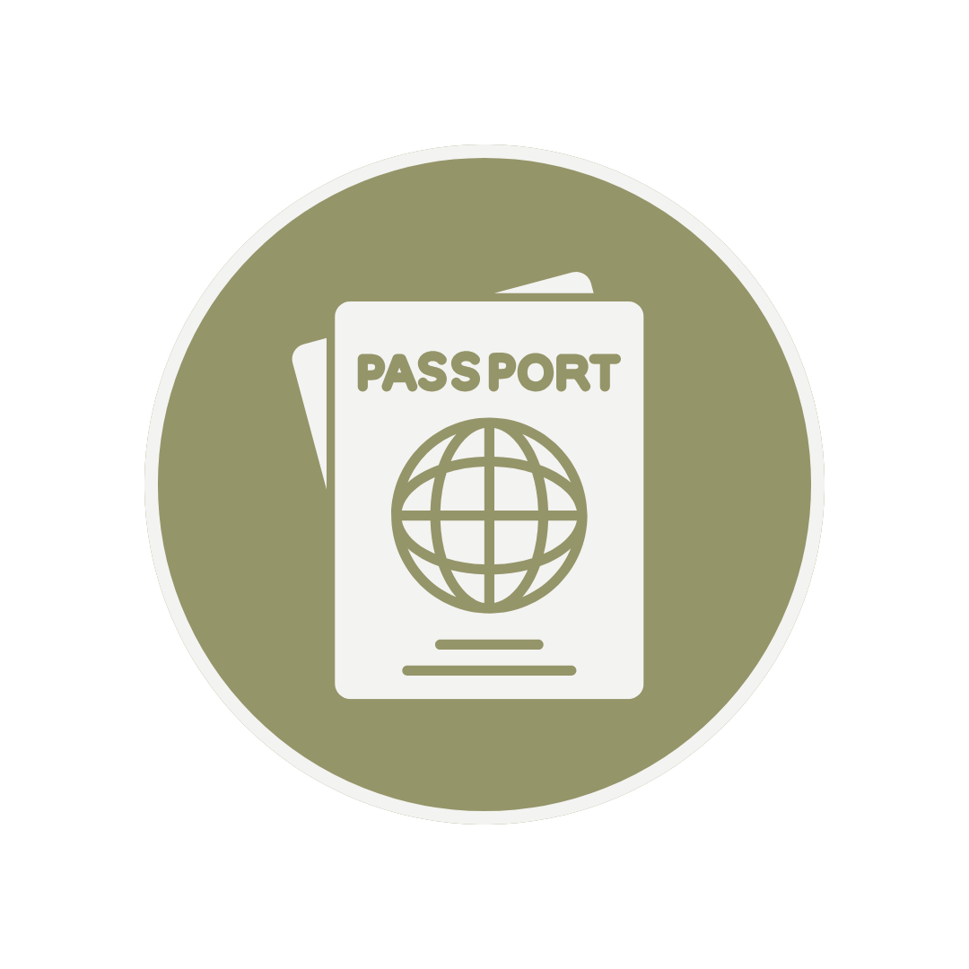 Icon of a passport with a globe symbol on the cover, set against a green circular background.