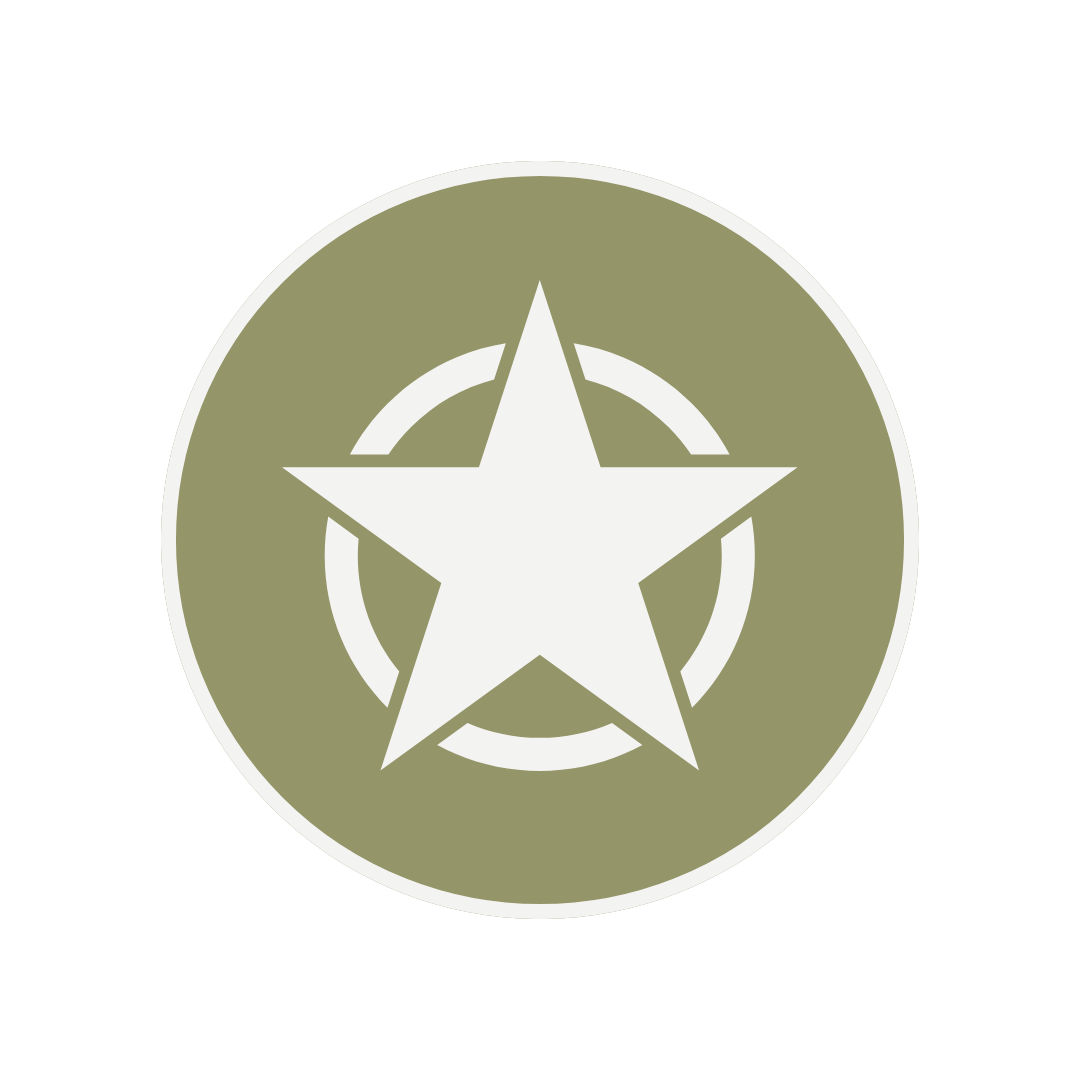 Military-style badge with a white star centered on an olive-green circle, encircled by a thin white outline.
