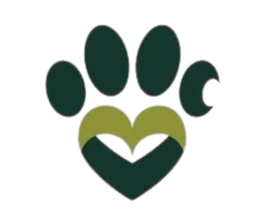 A heart-shaped paw print with a smiley face inside.