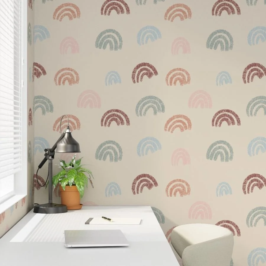 Wallpaper with hand drawn earthy boho rainbows