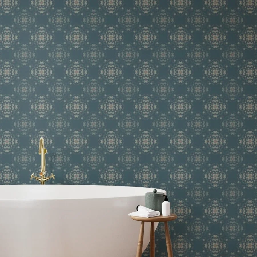 Wallpaper in Abstract Floral Medallions in Off White and Muted Pink on Deep Teal