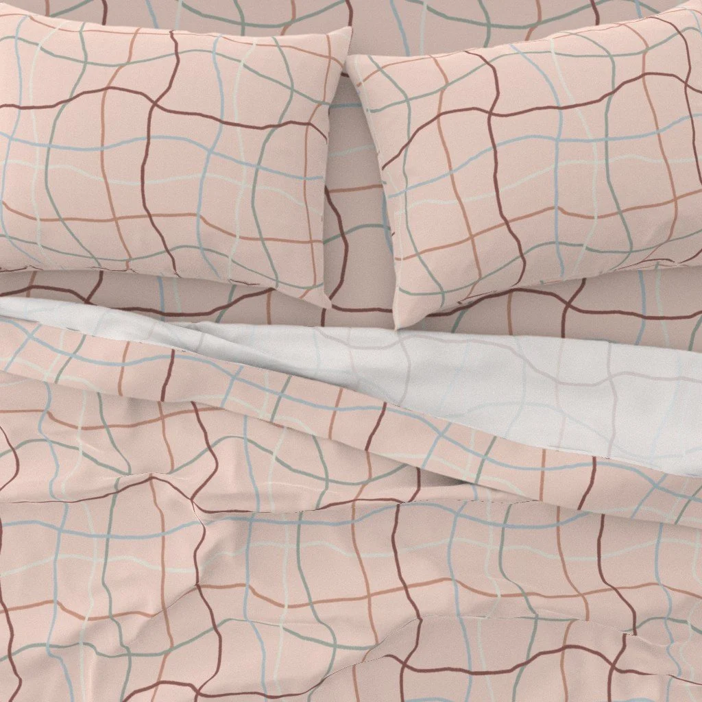 Sheet Set in Wavy Textured Lines in Earthy Pastel Colors on Blush Peach