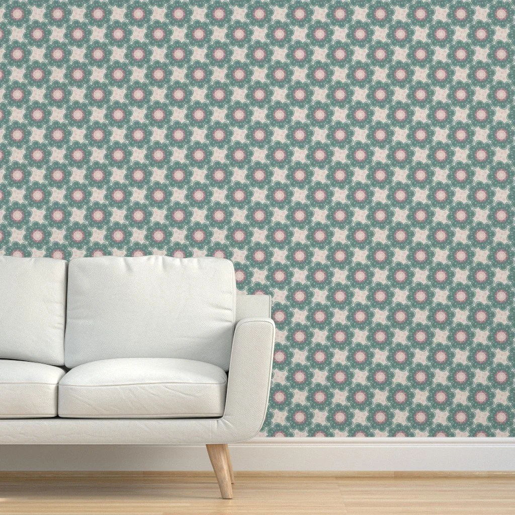 Wallpaper in Boho Hand Drawn Teal Floral and Pink Circles on Off White