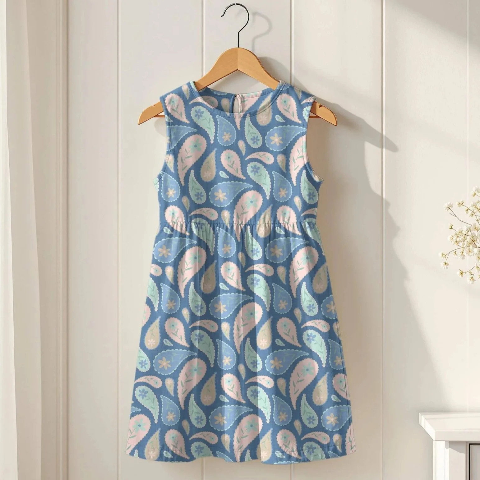 A sleeveless dress hanging on a wooden hanger against a white paneled wall. The dress has a blue background with a pastel paisley and floral pattern.