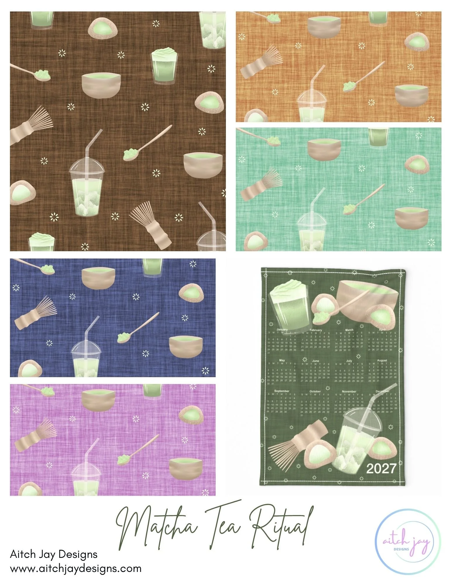 Matcha Tea Ritual Pattern Design Collection - A beautifully illustrated collection celebrating the art of matcha, featuring bowls, whisks, spoons, drinks and matcha sweets across textured backgrounds in brown, orange, teal, blue and pink. Delicate fl