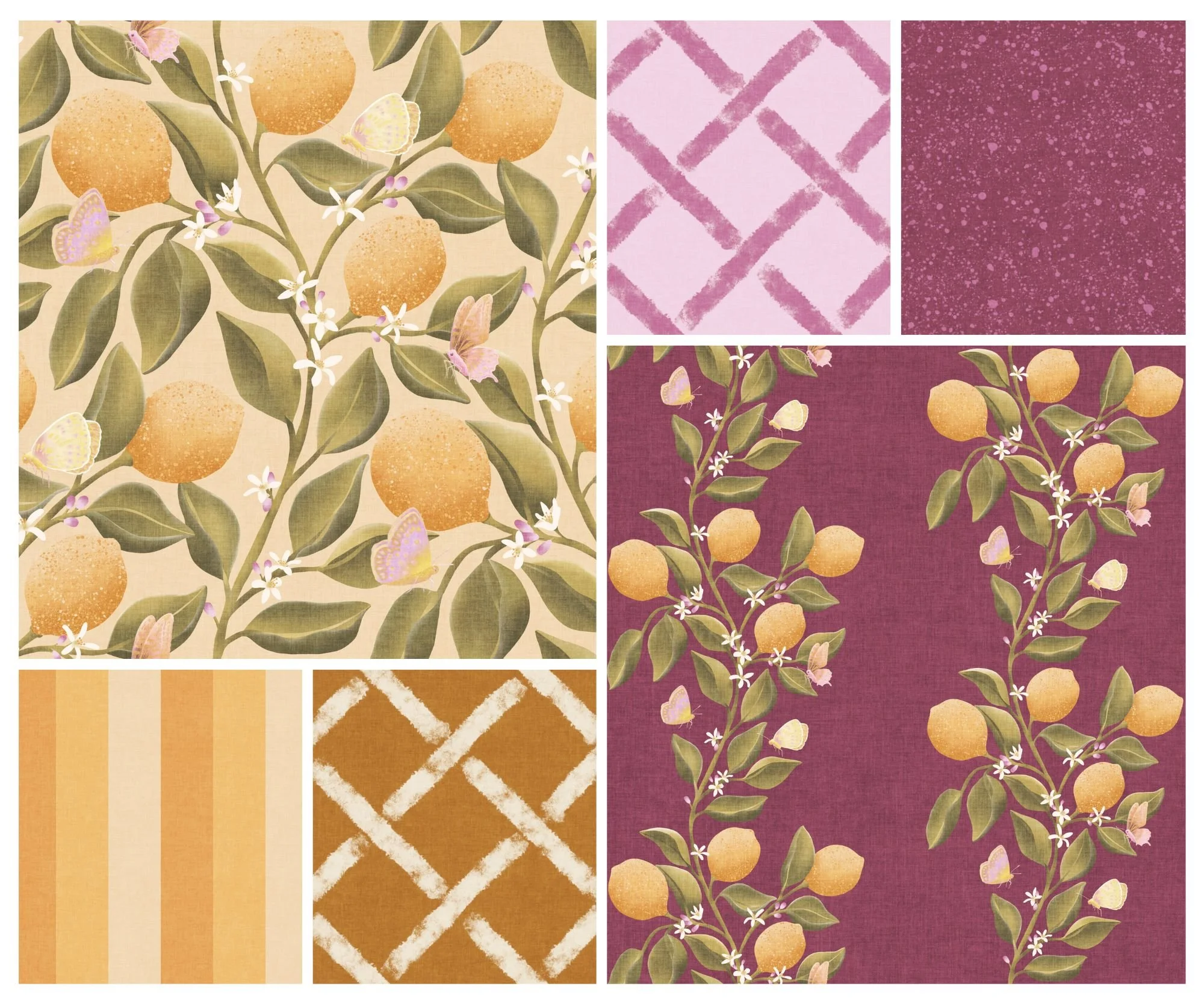 Collage of Lemon Tree Garden by Aitch Jay Designs — coordinated citrus‑botanical patterns featuring lemons, butterflies, florals, lattice motifs, stripes and textured prints in warm, sunlit tones.