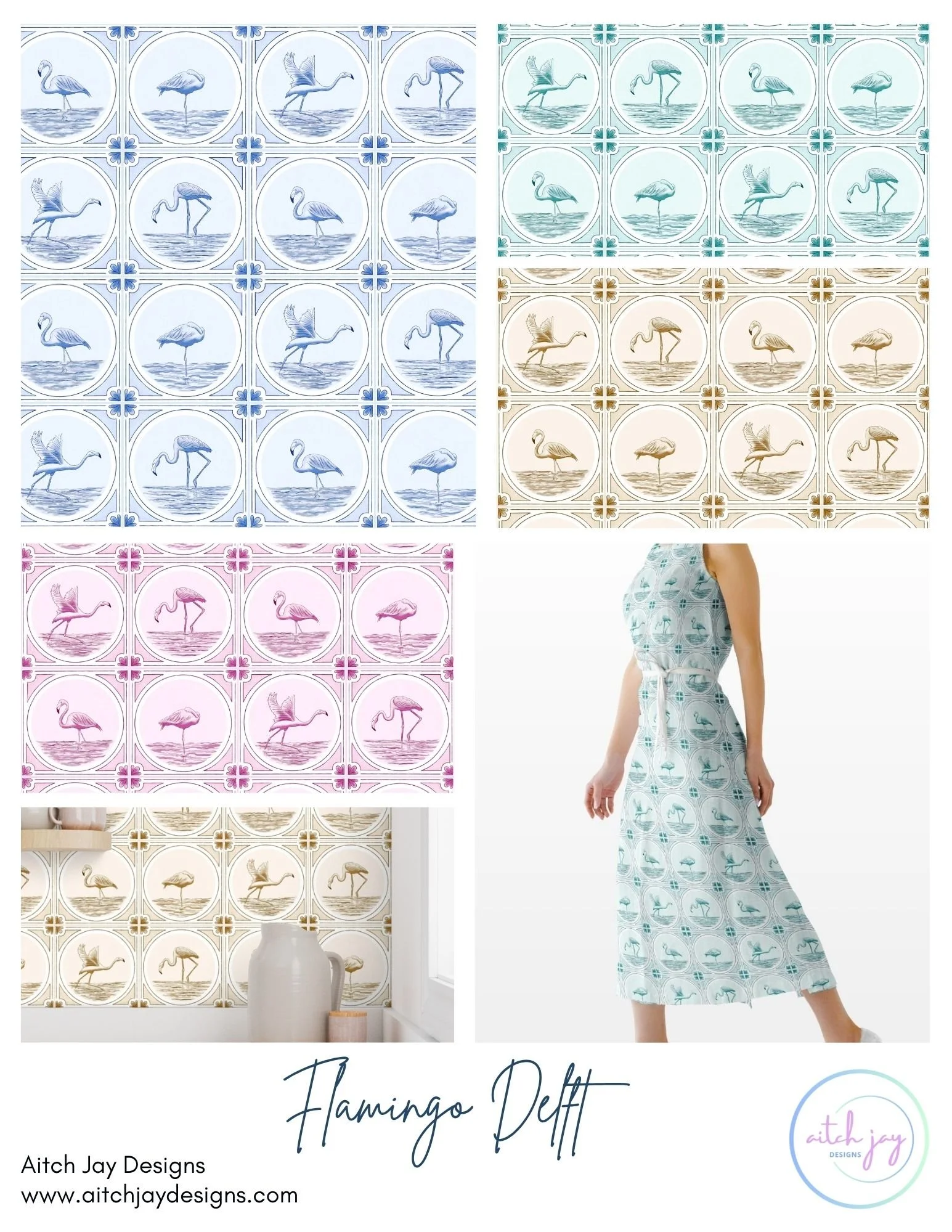 Flamingo Delft Pattern Design Collection –
A modern twist on classic Delft tiles, Flamingo Delft features elegant flamingos framed within decorative circular tile borders, complete with floral corner accents. Offered in blue, turquoise, beige and pin