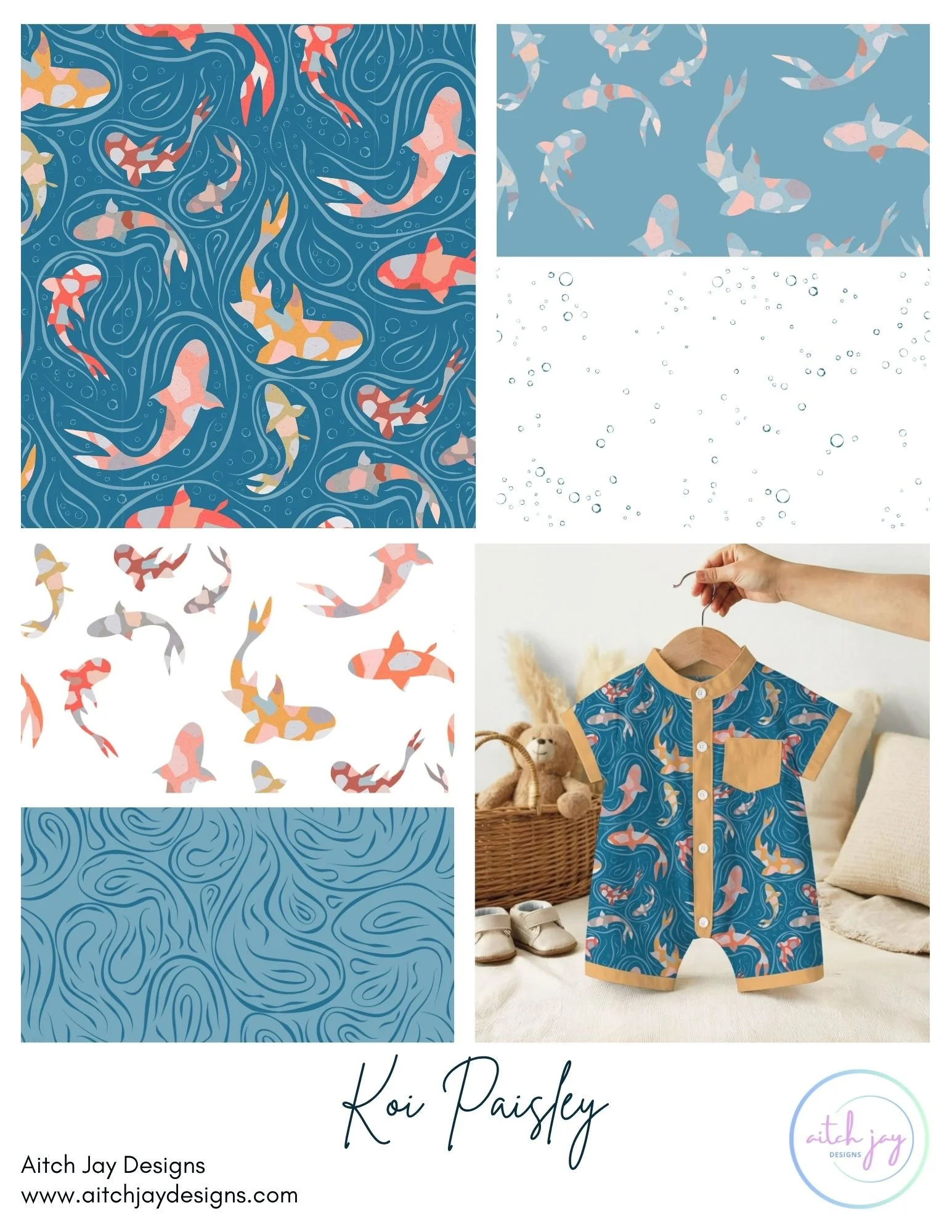 Koi Paisley Pattern Design Collection - A vibrant fusion of koi fish and swirling paisley‑inspired water lines in shades of orange, pink, cream and grey across blue and white backgrounds. Coordinating patterns include bubbles, waves and simplified ko