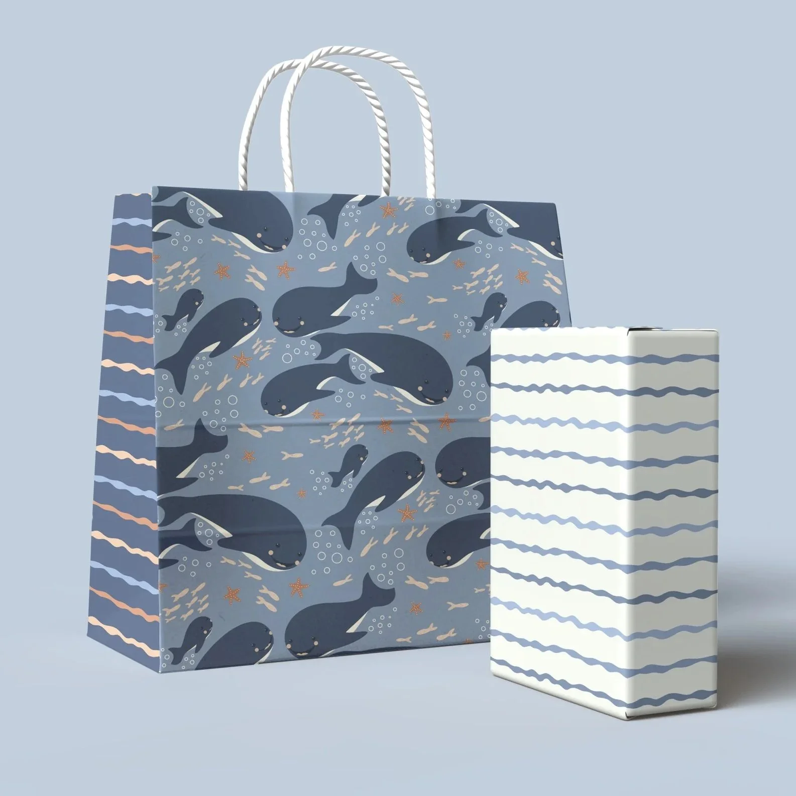 Two gift boxes with nautical whale patterns and striped designs, one larger with a whale pattern and one smaller with stripe pattern, placed on a plain light blue background.
