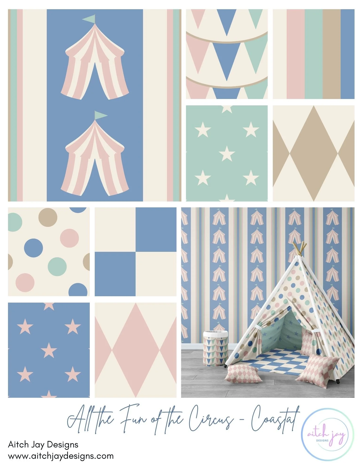 All the Fun of the Circus – Coastal - Pattern Design Collection - A playful, pastel circus‑themed collection featuring tents, bunting, stars, stripes, diamonds, polka dots and checkerboard motifs in soft blues, pinks, mints and warm neutrals. Designe