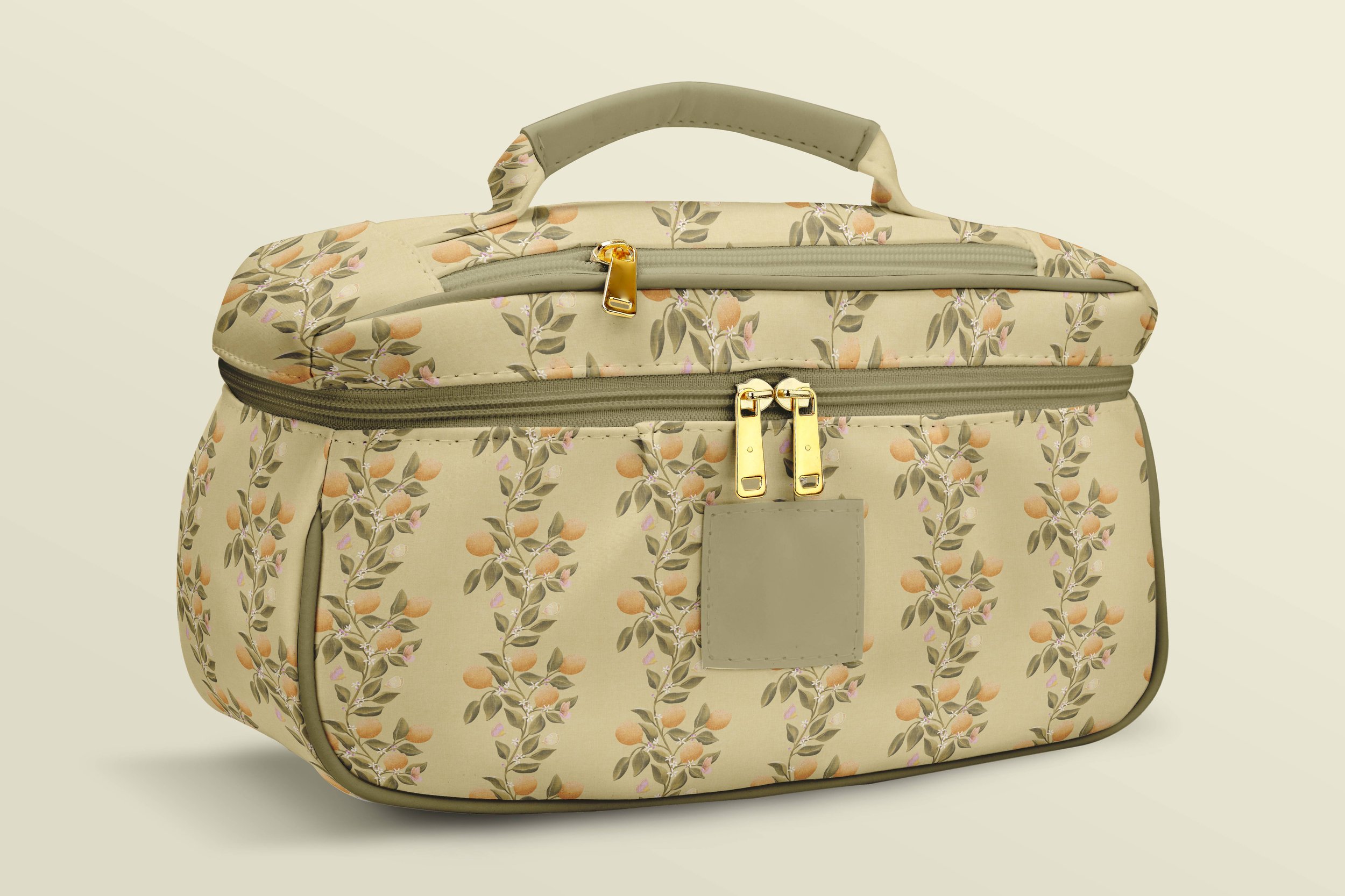 Cosmetic bag showcasing the Lemon Tree Garden vertical floral stripe pattern with hand‑drawn lemons, blossoms, green leaves, and butterflies, on a cream background, designed by Aitch Jay Designs.