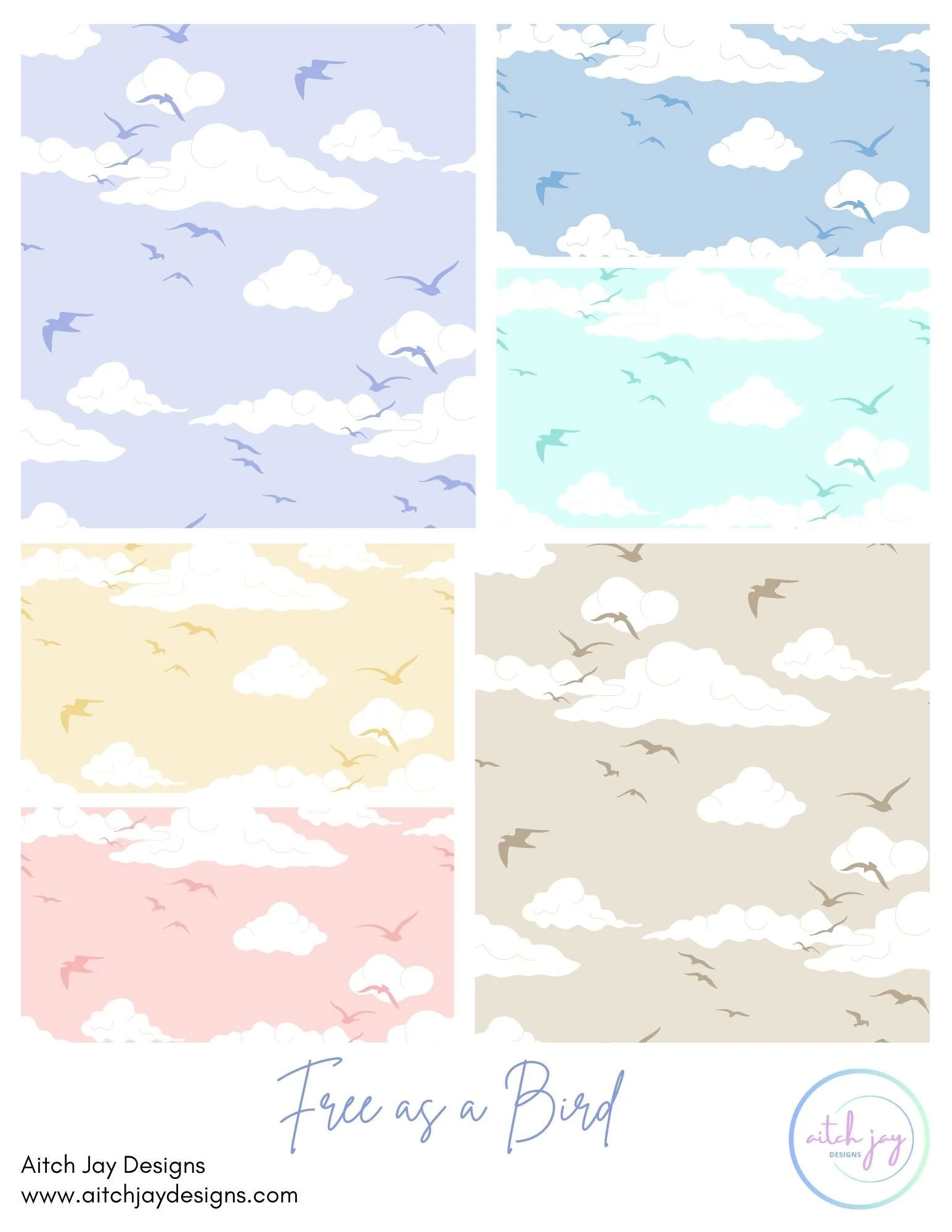 Free as a Bird Pattern Design Collection - A serene sky‑themed collection featuring soft clouds and flying birds across pastel and muted colourways including blue, green, yellow, beige and blush. The gentle, airy mood suits nurseries, bedrooms, calmi