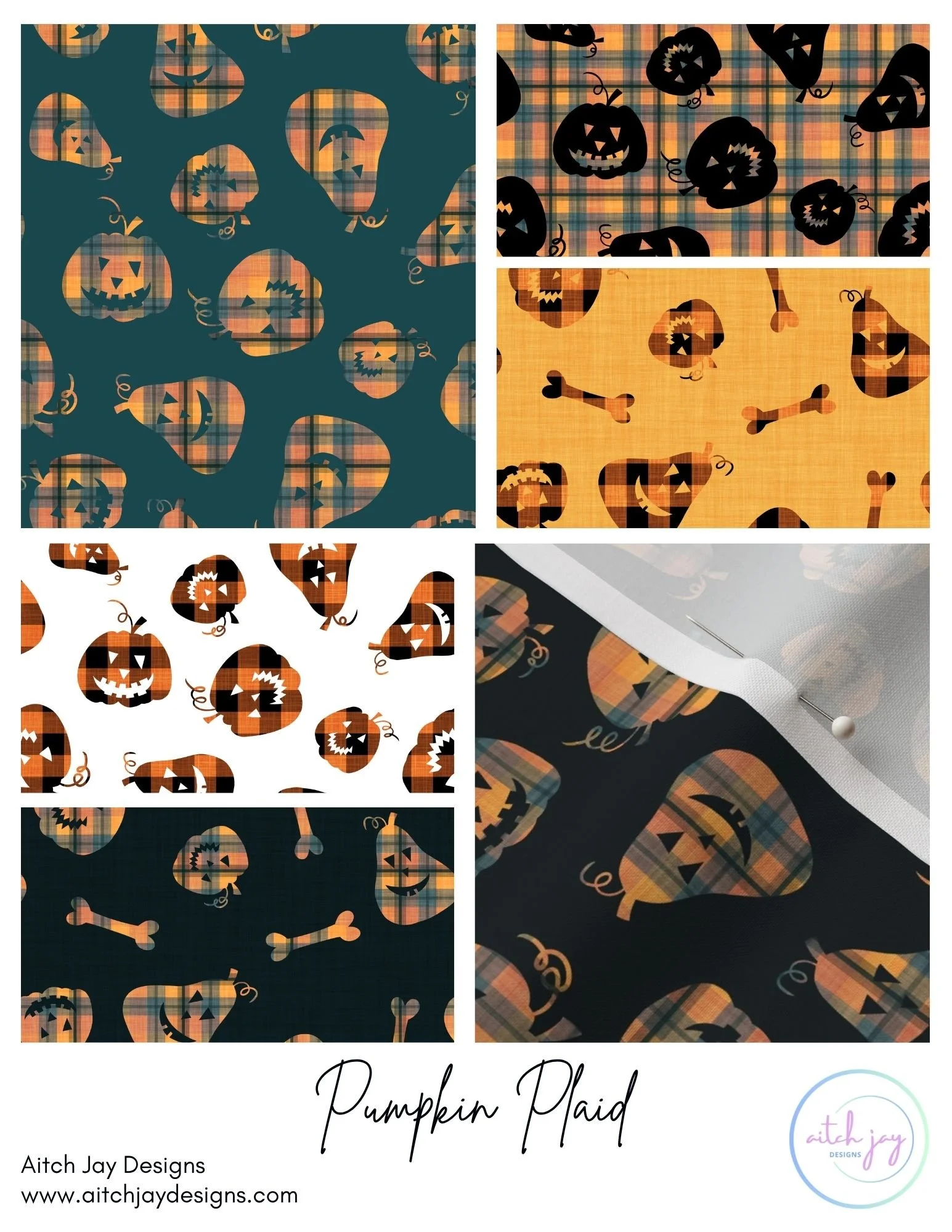 Pumpkin Plaid Pattern Design Collection – A playful Halloween collection combining bold plaid textures with charming pumpkin and gourd motifs in a warm autumn palette of orange, black, teal and cream. Pumpkin Plaid blends classic fall checks with car