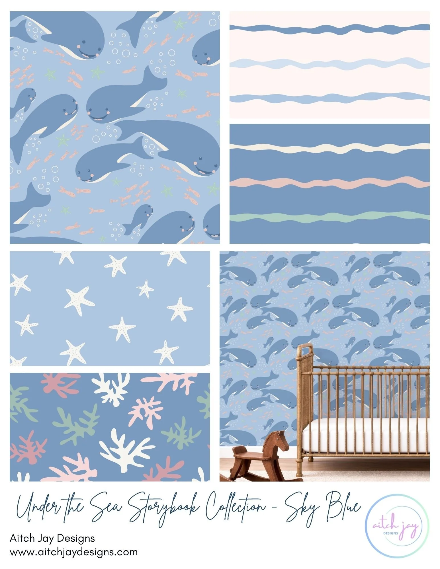 A collection of sea-themed wallpaper patterns in shades of blue, featuring whales, starfish, fish, and coral designs, with some patterns incorporated into a room setting with a crib, wooden rocking horse, and decorative elements.