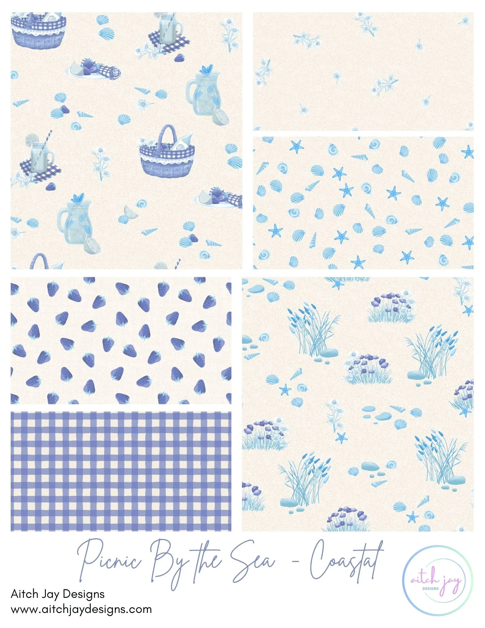 Picnic By the Sea Pattern Design Collection - A soft, serene coastal picnic collection featuring beach‑day essentials illustrated in calming shades of blue, sand and cream. Motifs include picnic baskets, lemonade jars, seashells, starfish, pebbles, f