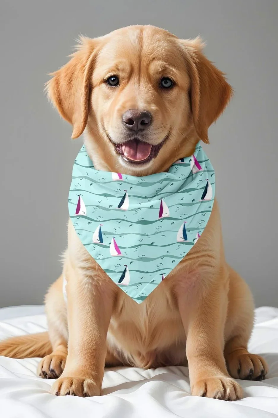 A happy golden retriever puppy sitting on a white surface against a gray background, wearing a blue bandana with sailboats and seagulls pattern.