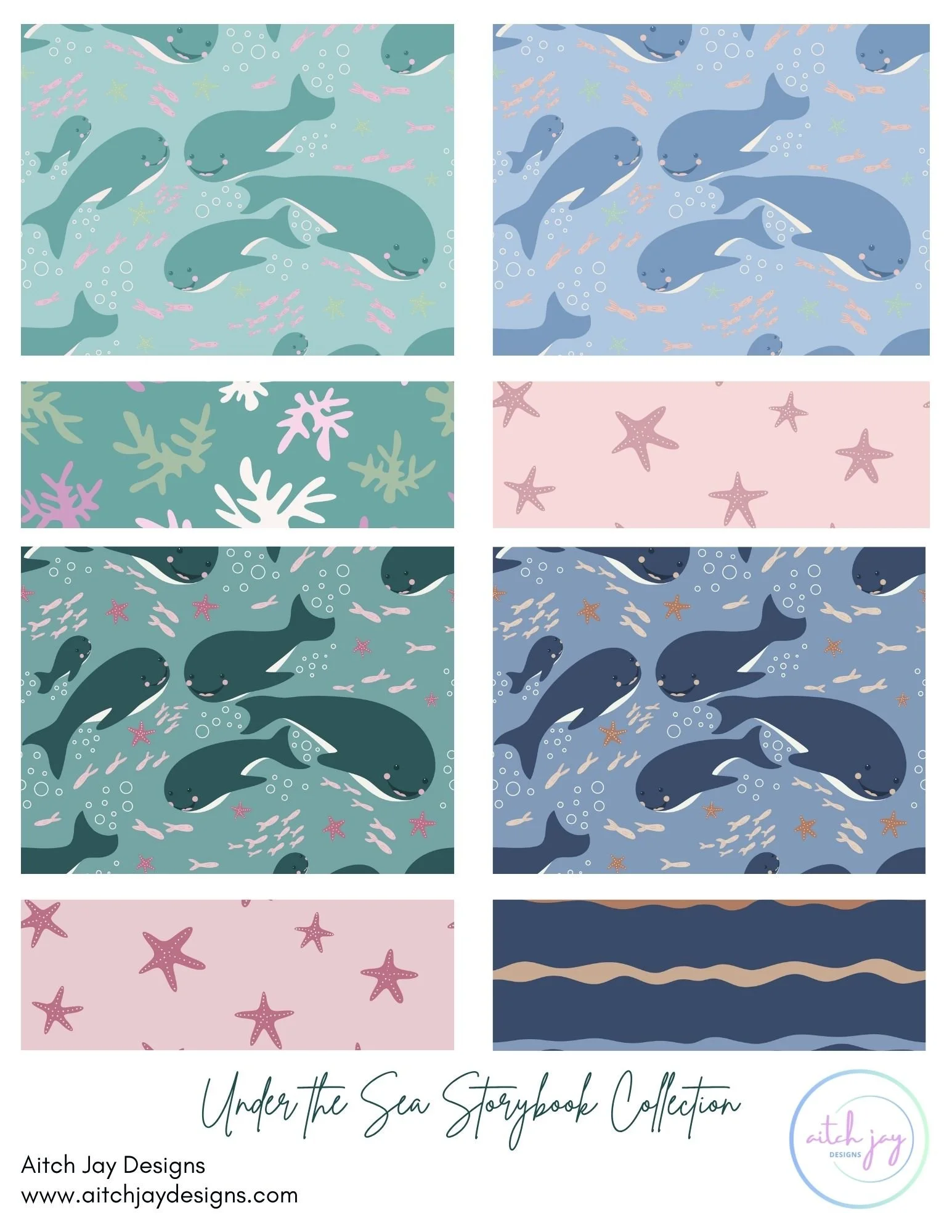 Under the Sea Storybook Pattern Design Collection - A gentle, imaginative linework series that brings the magic of the ocean to life through hand‑drawn whales, drifting bubbles, playful fish, and soft coral details. Each design flows with a calm, sto