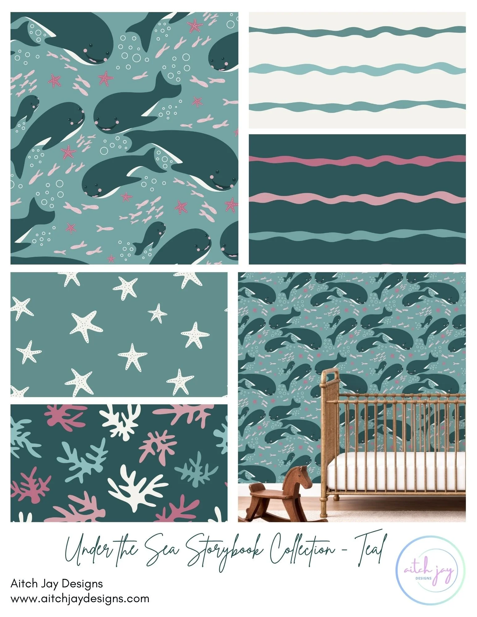 Collection of wallpaper designs inspired by underwater sea life, including whale, fish, starfish, and coral patterns, labeled 'Under the Sea Storybook Collection - Teal' by Aitch Jay Designs.