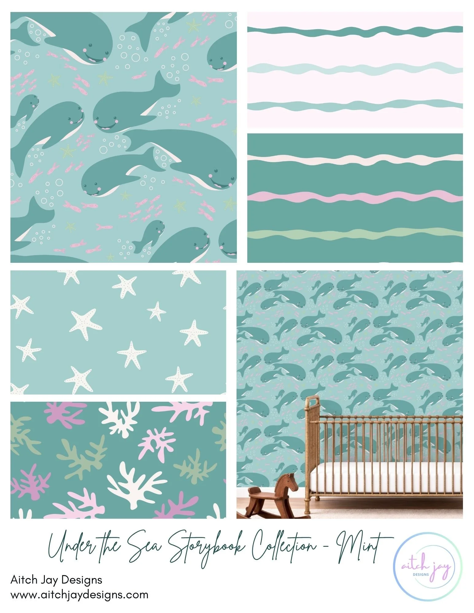A collection of sea-themed wallpaper designs featuring playful dolphins, colorful coral, starfish, seashells, and ocean waves in mint, pink, and soft blue colors, suitable for children's rooms.