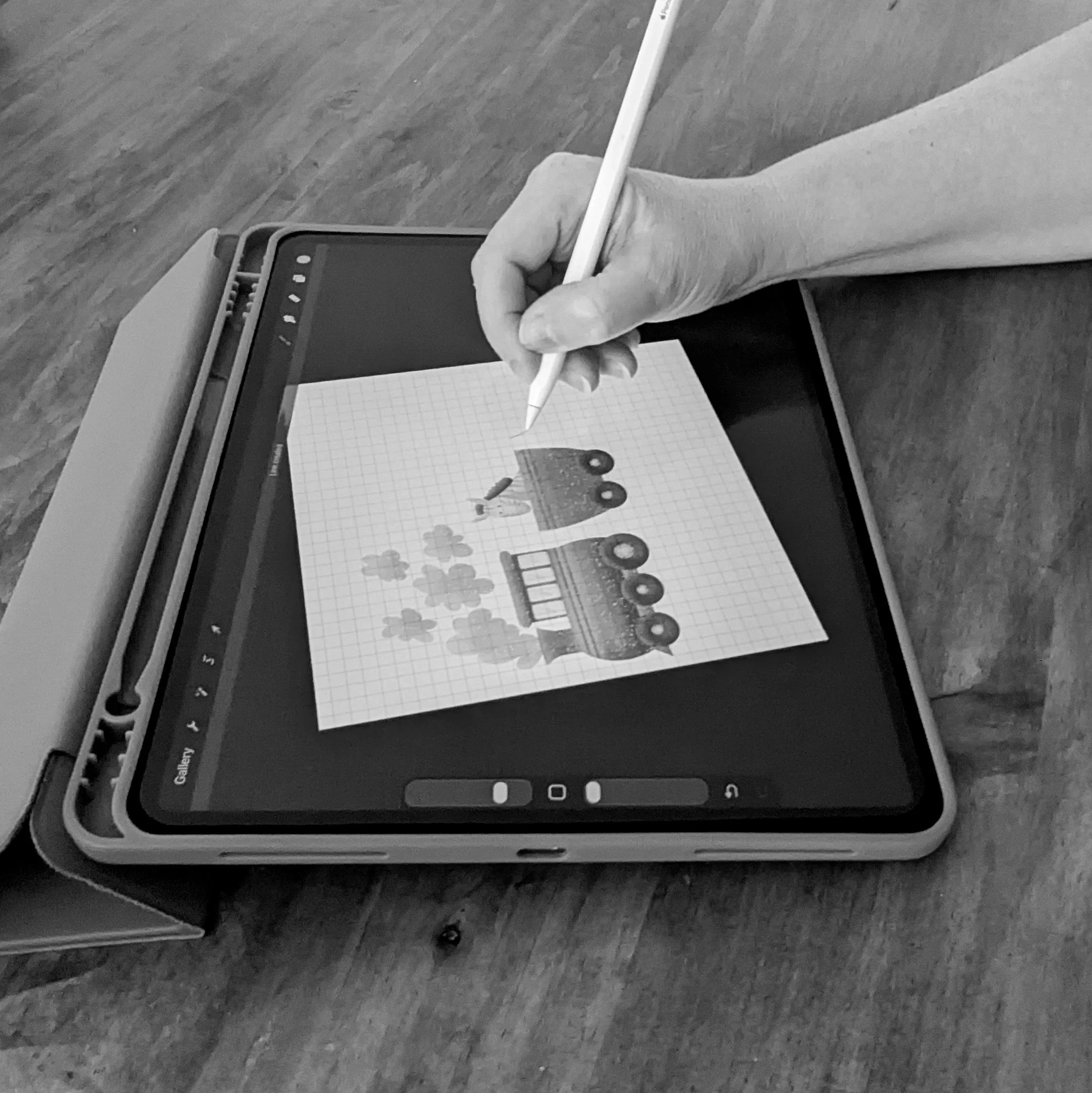 Close-up of artist's hand drawing on an iPad, demonstrating "No AI"