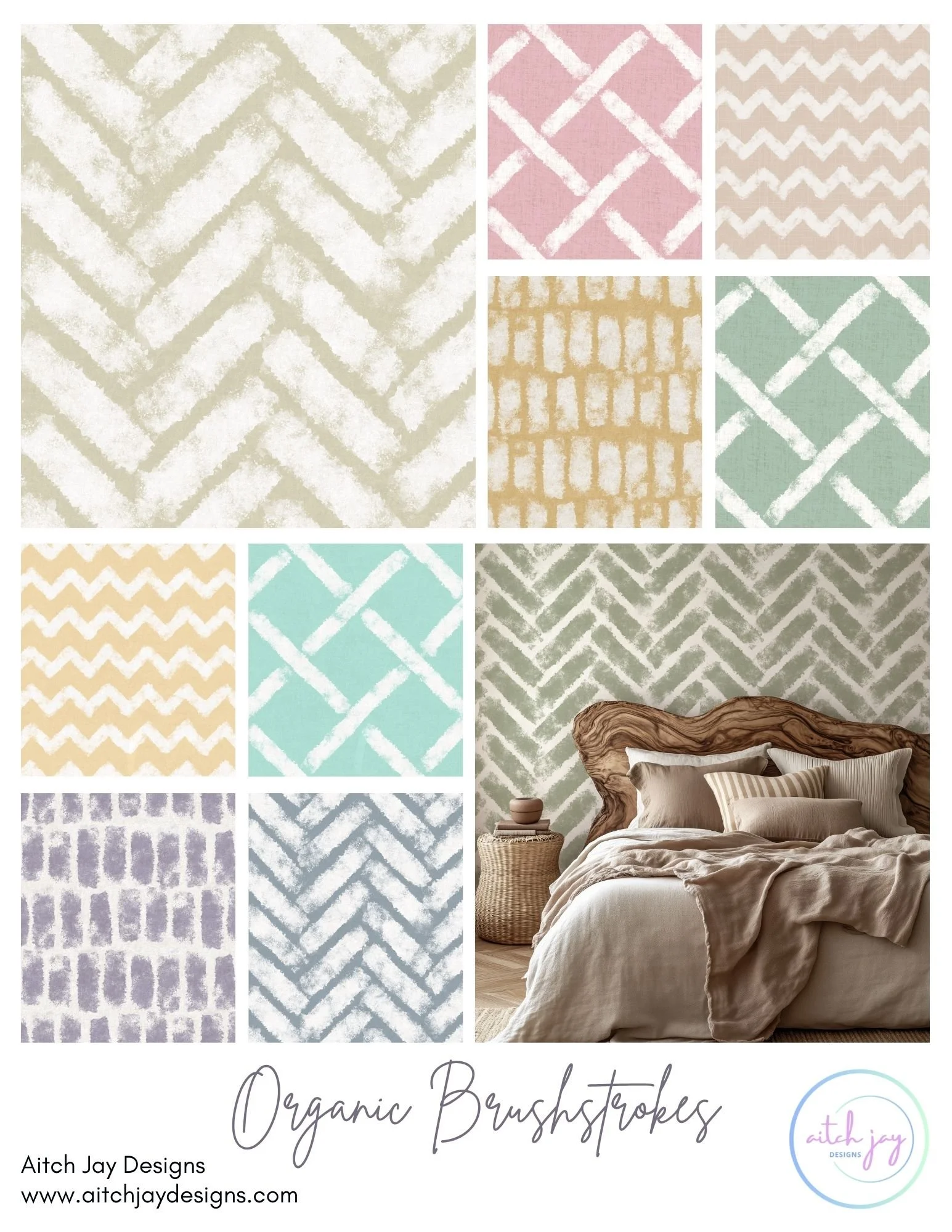 Organic Brushstrokes Pattern Design Collection - A modern, hand‑painted collection inspired by the calm, balanced aesthetic of Japandi design, featuring organic brushstroke motifs including zigzags, chevrons, lattice and textured geometric strokes. S
